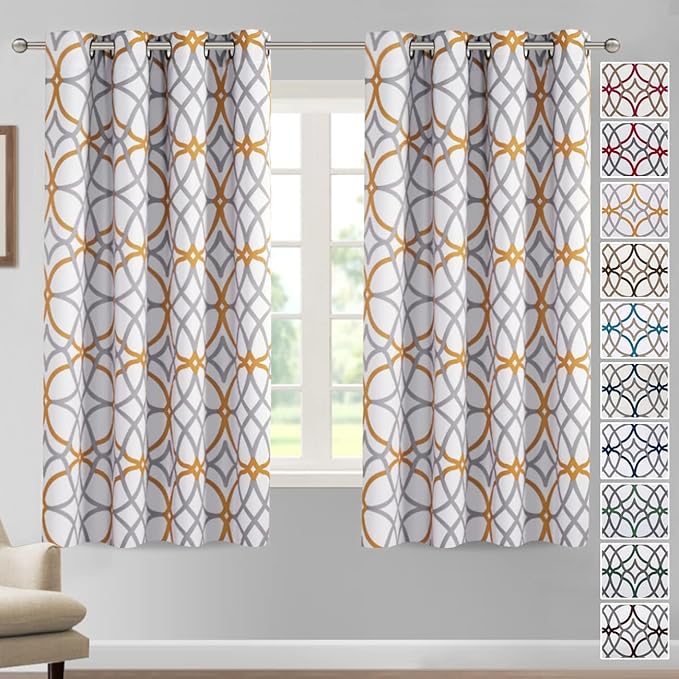 H.VERSAILTEX Blackout Curtains Printed Design 63 Inch Length 2 Panels Set Thermal Insulated Curtains for Bedroom Living Room Geometric Modern Grommet Window Drapes - Mustard and Grey