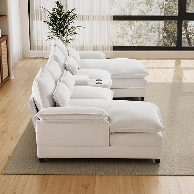 124" Oversized U Shaped Cloud Couch Modular Sectional Couches for Living Room Comfy Chenille Deep Seat Sofa Set with Double Chaise Lounge, Storage Central Console, USB Port, Cup Holders, Beige