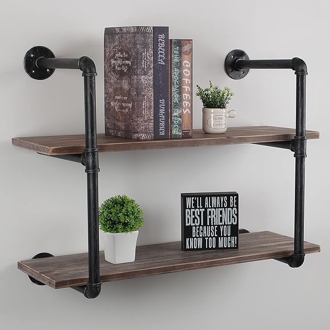 MBQQ Industrial Pipe Shelving Wall Mounted,30in Rustic Metal Floating Shelves,Steampunk Real Wood Book Shelves,Wall Shelf Unit Bookshelf Hanging Wall Shelves,Farmhouse Kitchen Bar Shelving(2 Tier)