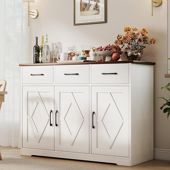 Modern Farmhouse Sideboard, White Wooden Buffet Cabinet with 3 Drawers & Adjustable Shelves for Kitchen, Living Room, Entryway, Coffee Bar