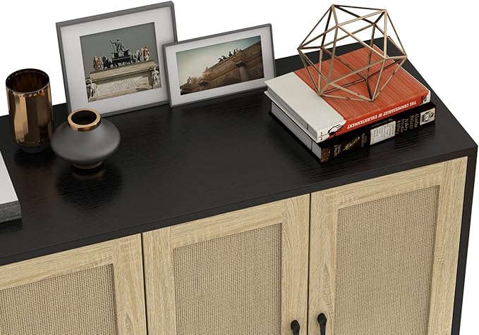 Panana Buffet Storage Cabinet with Rattan Decorating 4 Doors Living Room Kitchen Sideboard 48.43 x 34.65 x 15 inch (Black)