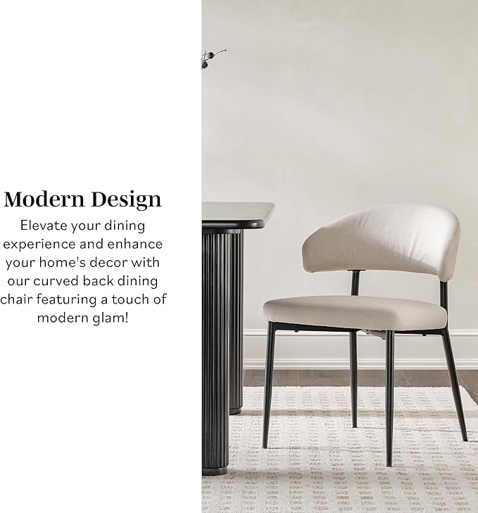 Walker Edison Modern Curved Back Upholstered Dining Chair with High-Performance Woven Upholstery and Powder Coated Steel Base, 2pk, Ivory