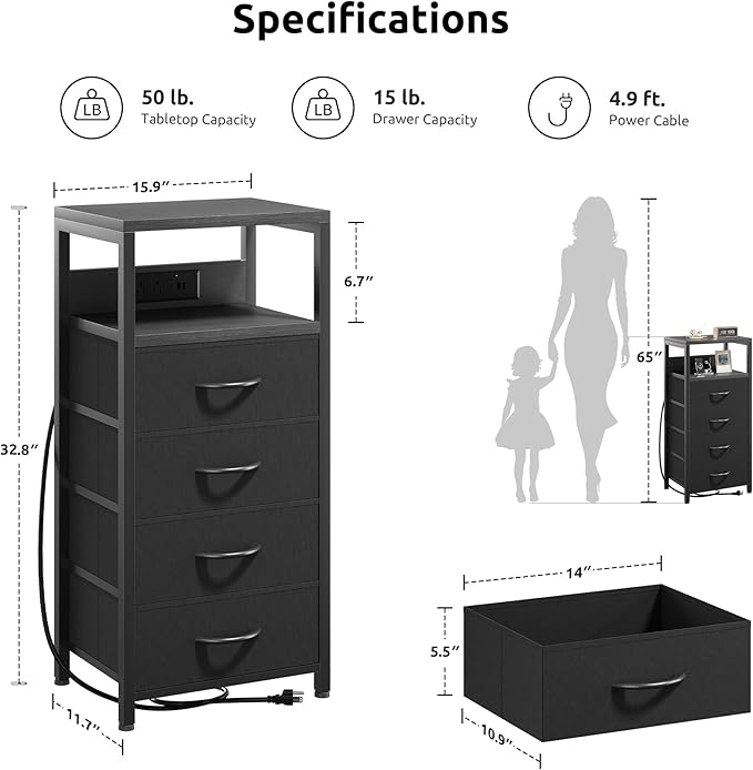 NightStand Bedside Charging Table Bedroom - Black Night Stand with Charger Station, Modern Bed Side End Table with Open Shelf & 4 Fabric Drawers, USB-C Port for Dorm Living Room
