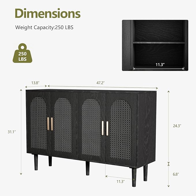 Sideboard Buffet Cabinet with Storage, Retro Rattan Storage Cabinet Kitchen Sideboard Buffet with Artistic Carved Handle for Dining Room Living Room, (Black)