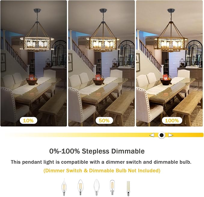 Modern Chandelier for Dining Room, 6-Light Wood Grain Finish Farmhouse Chandelier, 21.6” White Rustic Drum Hanging Light Kitchen Island, Round Metal Hanging Light Fixture for Foyer, Entryway, Bedroom