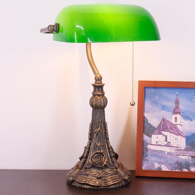 Tiffany Banker Lamp Small Stained Glass Table Lamp Tiffany Style Piano Light Green Glass Style Desk Lamp Angle Adjustable 10.6X15.7Inch for Home Office Living Room Bedroom