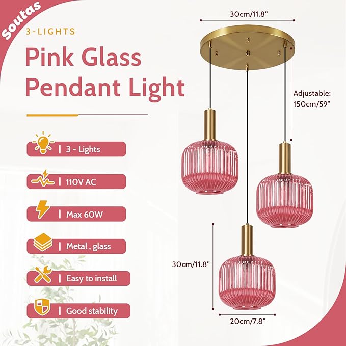 3-Light Glass Pendant Chandelier Pink Pendant Light Vintage Cluster Pendant Lights Kitchen Island Gold Light Fixtures Ceiling Hanging Dining Room Lights Over Table Lighting