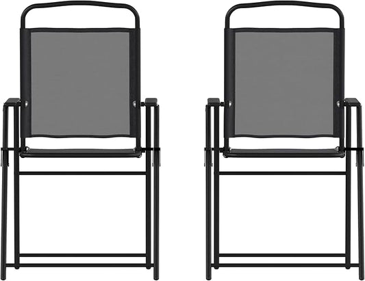 Flash Furniture Mystic Folding Patio Sling Chairs, Outdoor Textilene Lawn Chairs with Armrests, Set of 2, Black