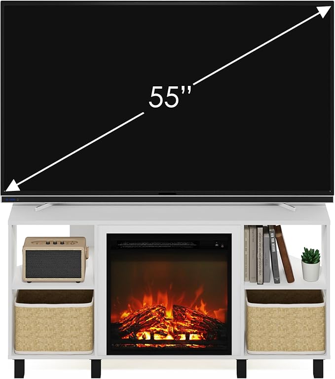 Furinno Jensen Corner Fireplace TV Stand with 4 Open Compartments for TV up to 55 Inches, Solid White
