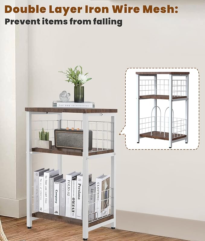 Record Player Stand, 3 Tier End Table with Double Layer Iron Wire Mesh Turntable Vinyl Record Stand Storage Up to 100 Albums, Nightstand Small Side Tables for Living Room Bedroom, White
