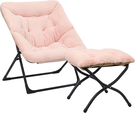 Comfy Saucer Chair for Adults, Soft Faux Fur Bedroom Chair with Ottoman, Accent Dorm Chairs, Living Room Reading Chairs and Footstool, Folding Seat for Teens, X-Large, Light Pink
