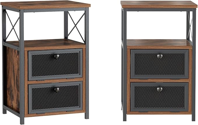 VECELO Nightstand Set of 2, End Table with Flip Drawer, Modern Night Stand for Bedroom,Living Room, Office, Easy Assembly, Brown