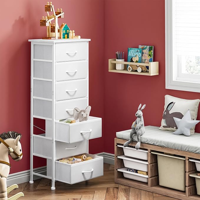 Fixwal Tall Dresser for Bedroom, Storage Dresser Organizer with 7 Fabric Drawers, Nightstand Furniture in Closet, Entryway, Hallway，White