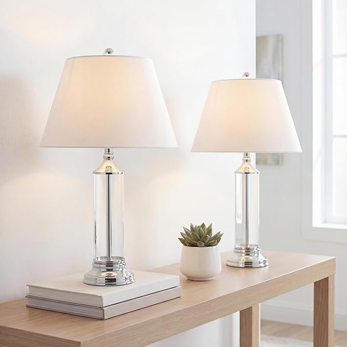 JONATHAN Y 29" Clear/Chrome Glass LED Table Lamp Set of 2, Modern Bedside Nightstand Lamps for Living Room Bedroom Office, White Linen Shade, Transitional Decor JYL4014A-SET2