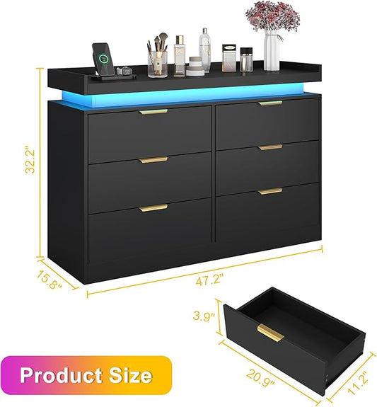 6 Drawer Dresser for Bedroom, Black Dresser with LED Lights and Power Outlet, Modern Chest of Drawers for Closet, Double Wide Drawer Organizer Cabinet for Bedroom, Living Room, Entryway, Hallway