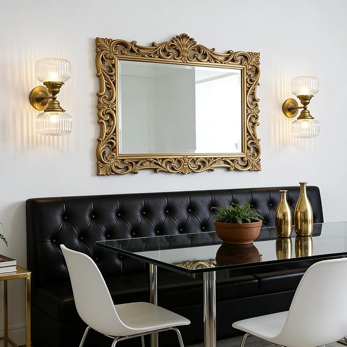 Pathson 2-Head Striped Globe Wall Sconces, 2-Lights Bathroom Vanity Light Over Mirror, Brass Vintage Bathroom Sconce Lamp for Living Room Bedroom Above Mirror