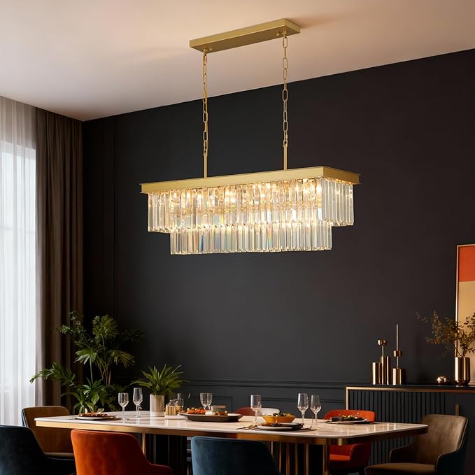 Crystal Chandeliers for Dining Room Light Fixtures Over Table，11-Lights Gold Modern Rectangle Chandeliers for Kitchen Island Bar L33.5 Inch