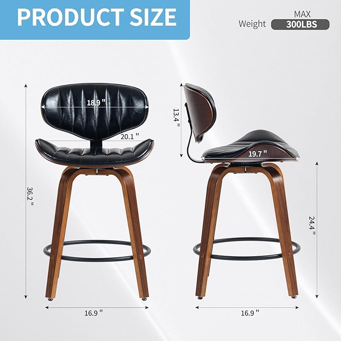 Bar Stools Set of 3, 24 inch PU Leather Wooden Bentwood Barstools Swivel Counter Height Modern Breakfast Bar Chairs with Backrest and Footrest for Kitchen Island, Dining Room D035-Black-3