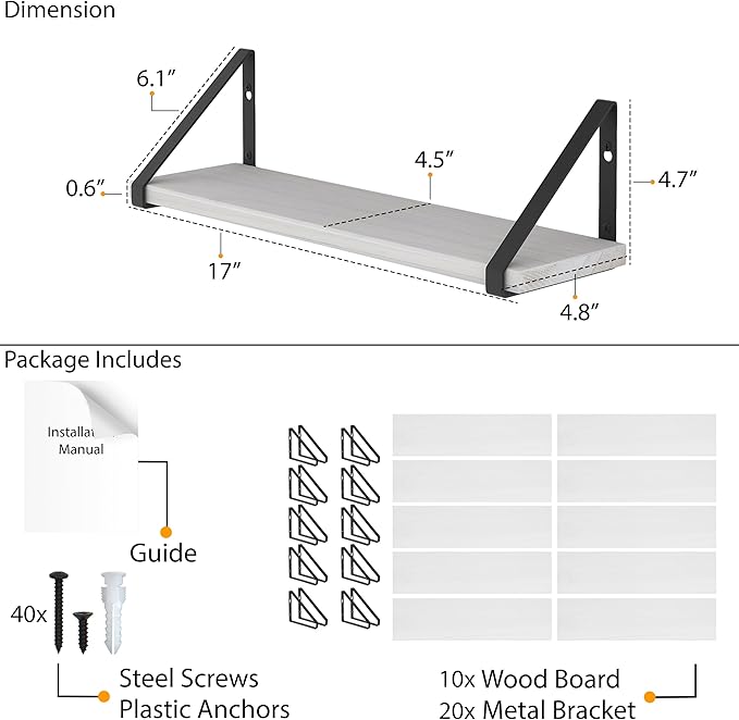 Wallniture Ponza 17'' x 4.5'' Floating Wall Shelf Bathroom, Small Wood Book Shelves for Wall Storage, Wall Mounted Shelf, Dining Room, Bedroom, Living Room, Office & Kitchen Organization, White, 10pcs