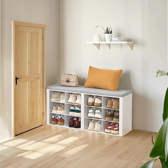 Shoe Bench with Cushion, Entryway Storage Bench with 12 Cubbies, Cubby Shoe Rack with Adjustable Shelves, Shoe Organizer Cabinet for Living Room, Bedroom, Entryway, White SB19003GY