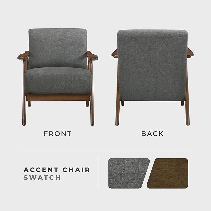 Lexicon Mid Century Modern Accent Chair with Solid Wood Frame in Walnut Finish, Upholstered Living Room Lounge Arm Chair, Thick and Comfy Innerspring Seat Cushion, Linen-Look Fabric, Gray