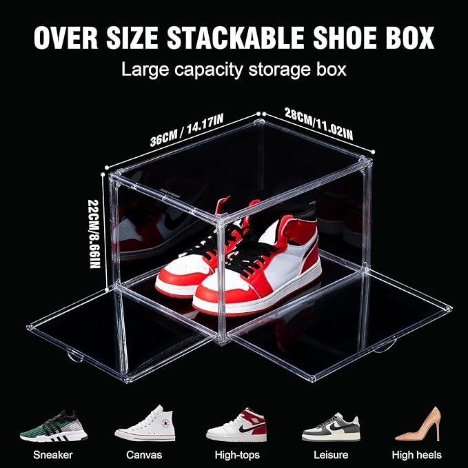 12 Pack Shoe Boxes, Clear Acrylic Stackable Plastic Sneaker Box Container, Magnetic Drop & Side Open Shoe Organizer Case Container With Lids Fits Up to Size 15(Transparency)