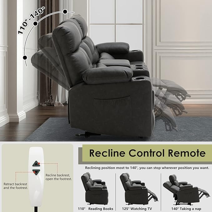 Power Reclining Loveseat with Console, Power Loveseat Recliner Sofa with Heat and Massage, Extended Footrest, Wall Hugger RV Recliner with Cup Holders, Lumbar Support for Living Room