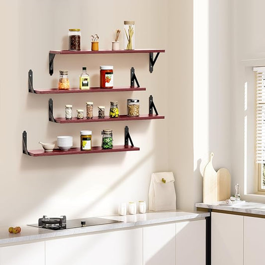 Wood Floating Shelves Set of 4, Rustic Storage Decor Wall Shelves, Wall Mounted Shelf for Living Room, Bedroom 23.6" x 6", Red