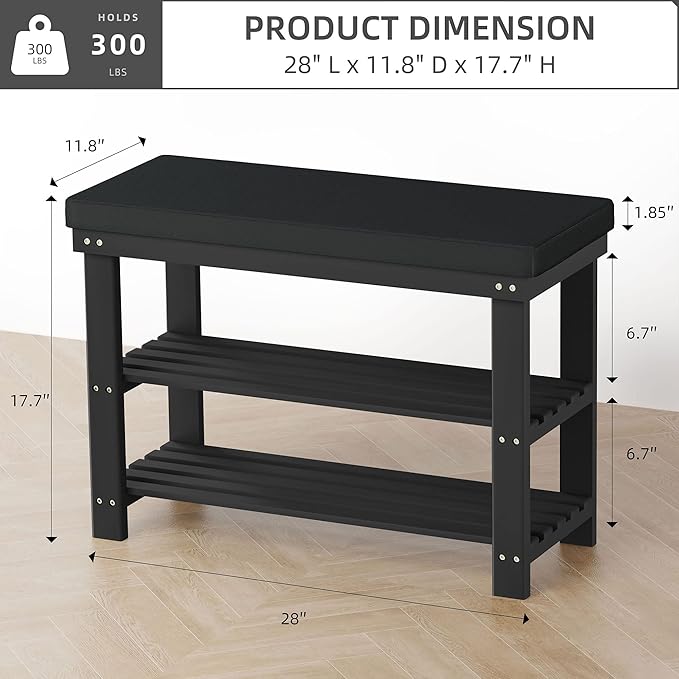 Domax Shoe Rack Bench,Bamboo Shoe Bench with Cushion, 3-Tier Shoe Storage Organizer for Entryway Entrance Hallway Bedroom Living Room,Holds Up to 330 lbs,11.8 x 28 x 17.7 Inches,Black