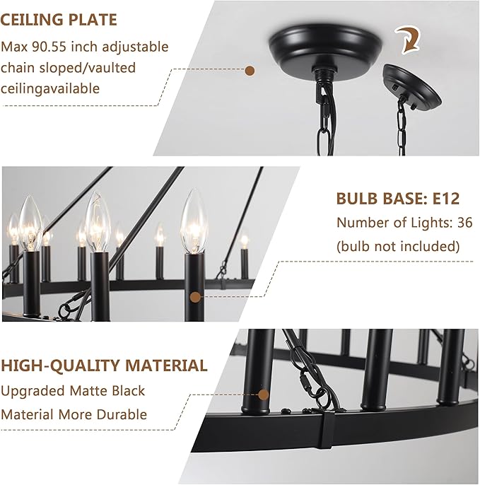 Black Extra Large Wagon Wheel Chandelier, 60 inch 36 Lights Farmhouse Chandelier, Industrial Candle Round Pendant Light Fixture for High Ceiling Living Room Dining Room Outdoor Porch Entryway Hallway