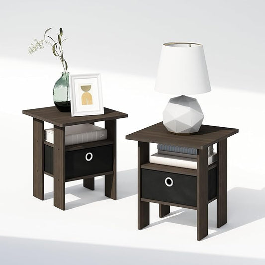 Furinno TIDUR Night Stand Set of 2, Open Shelf Design Nightstand with Storage Bin, Bedside Table, End Table, Side Table, for Bedroom, Closet, Dorm, Dark Brown
