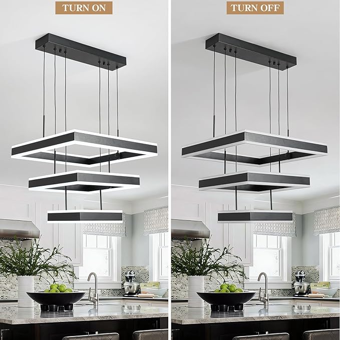 O'NEELDY LED Pendant Light Fixture, 20.47'' Modern Chandelier Square Rings Adjustable Height Black Pendant Lighting 3 Lights Kitchen Island Chandeliers for Dining Room, 6000K