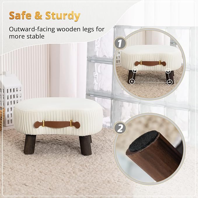 LUE BONA Small Curved Foot Stool with Handle, Beige Velvet Footstool and Ottomans, Modern Foot Rest with Wooden Legs, Step Stool with Padded Seat for Couch, Living Room