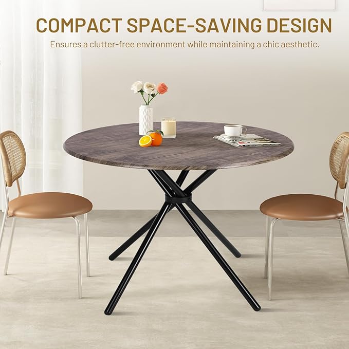 FurnitureR 31.5" Round Dining Table for 2-4 People, Vintage Wood Kitchen Table with Unique Intersecting Pedestal Base and Metal Legs for Home Office Living Room Kitchen, Vintage Brown