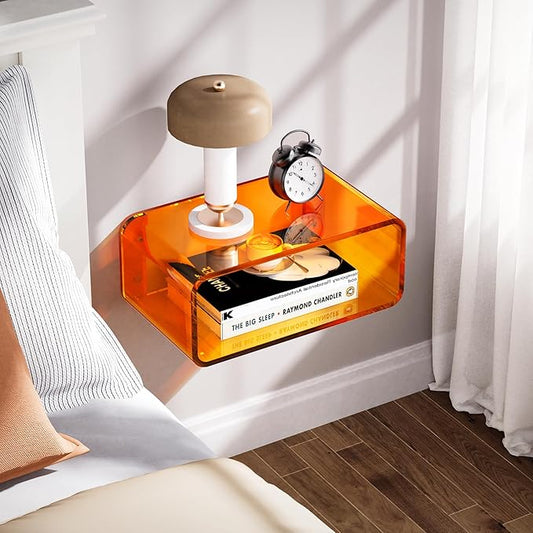 Acrylic Floating Nightstand, Bedside Table, Nightstand Shelf Wall Mounted Bedside Shelf (Orange, Small)