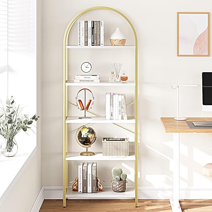 IDEALHOUSE Bookshelf 5 Tier Bookcase Arched Display Racks Tall Standing Bookshelves Metal Frame Modern Storage Rack Shelf Large Wood Book Shelf for Bedroom, Living Room, Home Office