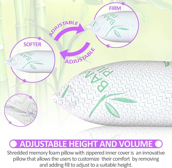 Elif Queen Size Pillows for Sleeping Set of 2 – Cooling Shredded Memory Foam Pillows with Removable Cover for Back, Stomach & Side Sleepers, Rayon Derived from Bamboo, Queen (2 Pack)