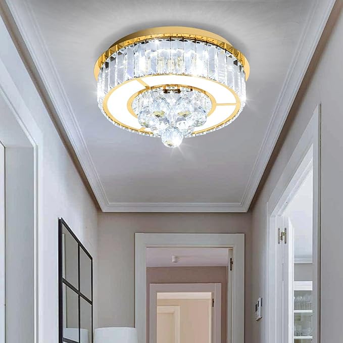 11.8'' Gold Modern Crystal Chandeliers for Dining Room LED Dimmable Light Fixtures Flush Mount Light Living Room Bedrooms