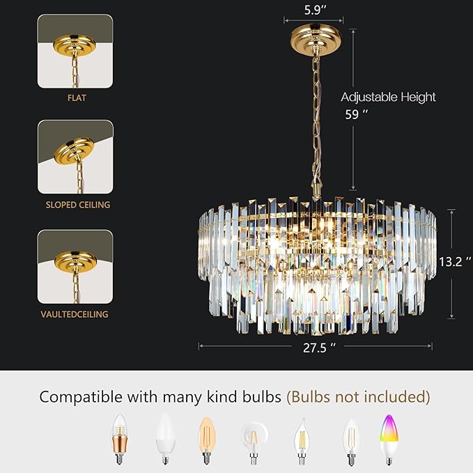Gold Crystal Chandelier Modern Chandeliers Raindrop Lighting Pendant Lights Fixtures Ceiling for Living Room Dining Rooms Entryway Round Hanging D27.55''
