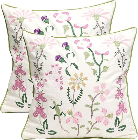 Set of 2 Embroidered Decorative Throw Pillow Covers Couch Square Pillowcases Cushion for Bedroom Sofa Farmhouse Decor 18x18 Inch (Gecko Flower)
