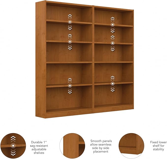 Bush Furniture Universal Tall 5 Shelf Bookcase in Natural Cherry - Set of 2, Matching Storage and Display Bookshelves for Home Office or Living Room Organization