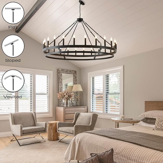 53 inch Large Black Wagon Wheel Chandelier,Farmhouse Industrial Country Style Round Pendant Light Fixture,Round Ceiling Light fixtures for Outdoor Porch high Ceilings Living Foyer Entryway