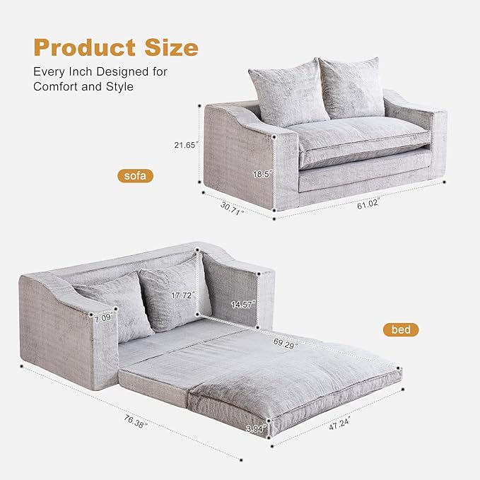 61" Convertible Sofa Bed Loveseat, Memory Foam Boneless Floor Couch with Removable Faux Fur Cover, Tri-folding Compact Full-size Sleeper for Small Living Room, Playroom, Guest Room, RV (White-Coffee) | Convertible Sofa Bed, Premium Memory Foam, Ergonom...