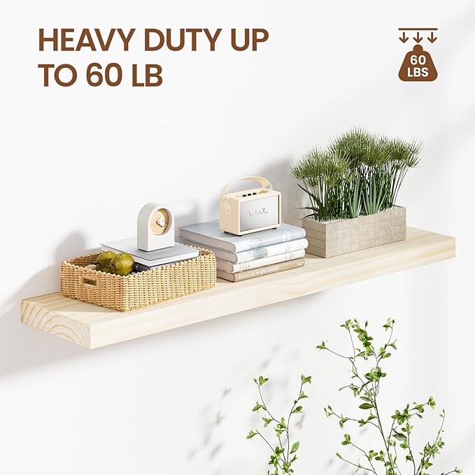 Heimlove 36 Inch Floating Shelves for Wall Solid Wood Shelves Set of 2,Wall Mounted Rustic Wood 8 Inch Deep Floating Shelf with Invisible Brackets for Bedroom Kitchen Living Room