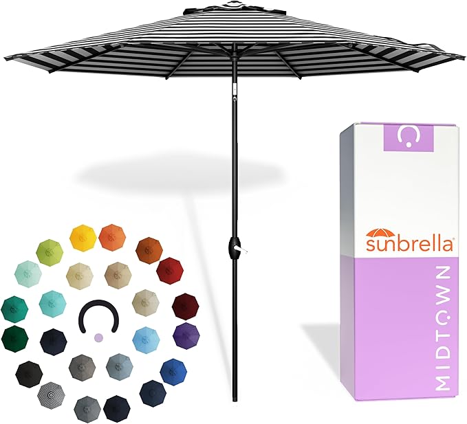 Midtown Umbrellas - The Lean 10 Ft Patio Umbrella with Fade-Resistant Sunbrella Fabric, Auto-Tilt Aluminum Frame and 8 Reinforced Ribs for Deck, Pool & Garden - Canvas Glacier Canopy, Black Pole