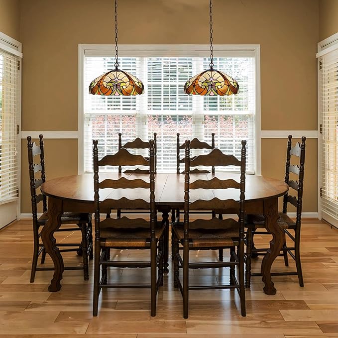 Tiffany Pendant Light fixtures 16" Wide Stained Glass Pendant Lighting Vintage Style 2 Lights Hanging Lamp for Kitchen Dining Room Bedroom
