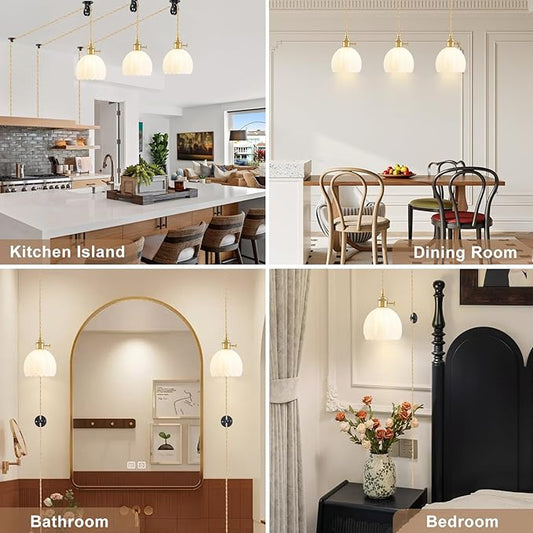 Plug in Pendant Light Fixtures, Hanging Light Fixture Vintage Glass Pendant Light, Mini Milk White Tulip Hanging Lamp, Pendant Lighting for Kitchen Island, Bedroom, Dining Room, Living Room