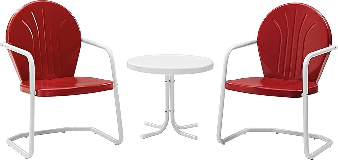Crosley Furniture Griffith 3-Piece Outdoor Chair and Side Table Set, Retro Metal Bistro Patio Sets for Porch, Red