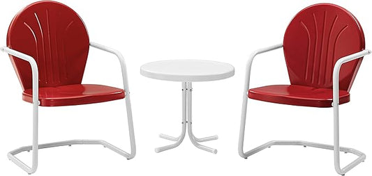 Crosley Furniture Griffith 3-Piece Outdoor Chair and Side Table Set, Retro Metal Bistro Patio Sets for Porch, Red