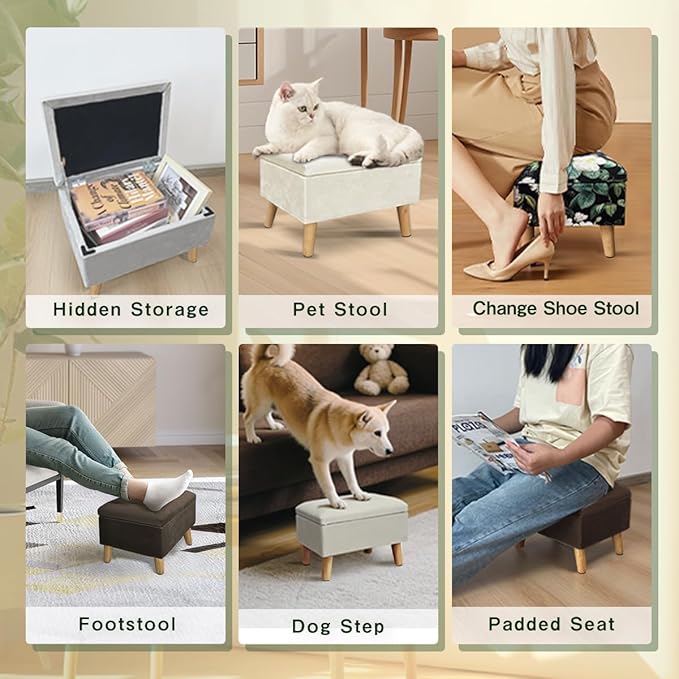 lumizone Small Ottoman with Storage Footstool Compact Foot Rest Stool for Living Room Under-Desk Entryway or Bedroom 10.63" Low-Height Storage Ottoman Cube Lightweight & Stylish (Beige)